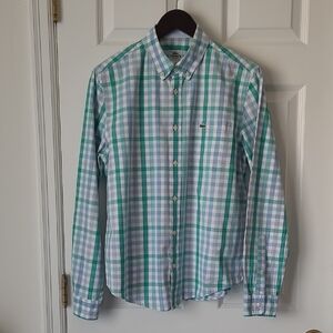 Lacoste Men's Teal and White Plaid Shirt